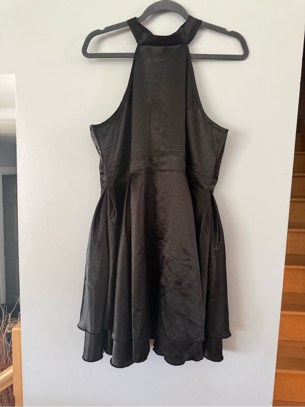 Fancyqube Black Satin Halter Mini Dress Skater Tiered Cocktail Party XL